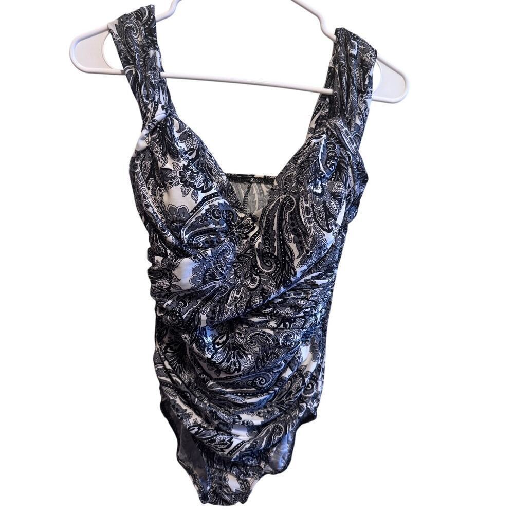 Lands' End Black White Paisley One Piece Side Rushing Swimsuit Sz L (12)